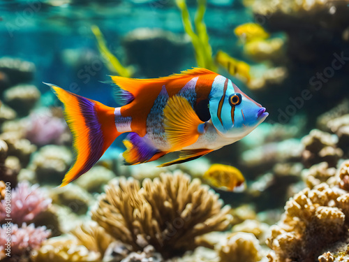 Colorful coral fish underwater with exotic aquatic plants.