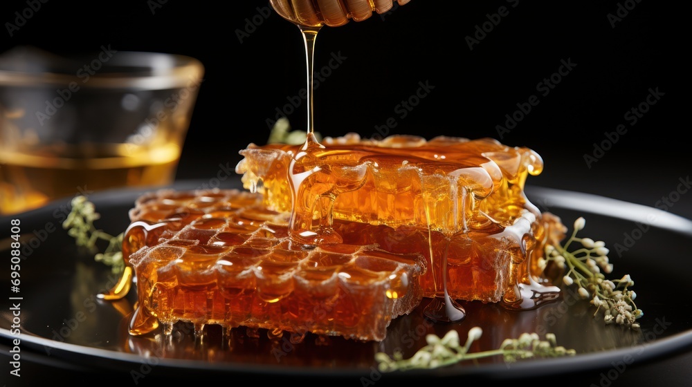 a plate of honey syrup being drizzled on top of honeycombs with a glass of tea in the background. a plate of honey syrup being drizzled on top of honeycombs with a glass of tea in the background.