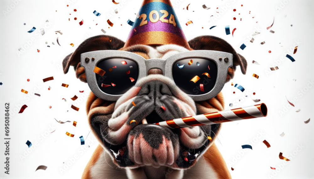 Funny bullgog celebrating party birthday or carnival wearing party hat. Creative animal concept. English Bulldog at  party wearing party hat and striped horn - obrazy, fototapety, plakaty 