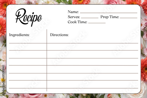 Blank Recipe Cards for Bridal Shower and Wedding, recipe card template, flowers background