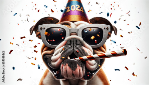 Funny bullgog celebrating party birthday or carnival wearing party hat. Creative animal concept. English Bulldog at party wearing party hat and striped horn