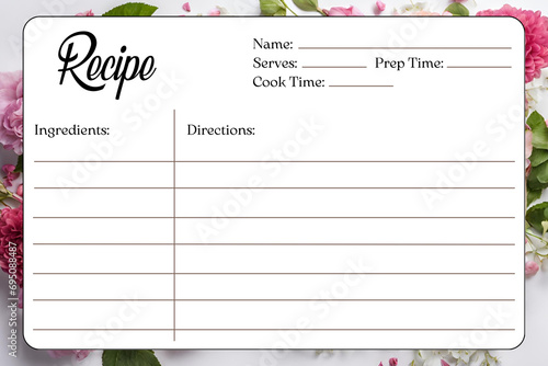 Blank Recipe Cards for Bridal Shower and Wedding, recipe card template, flowers background