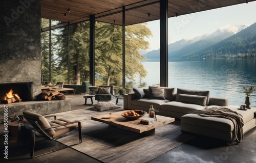 a living room with large windows overlooking a lake