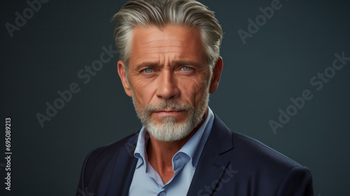 50-year-old man with a confident and wise presence. His hair is a distinguished silver, neatly groomed to perfection, and his face carries the well-earned lines © zakiroff