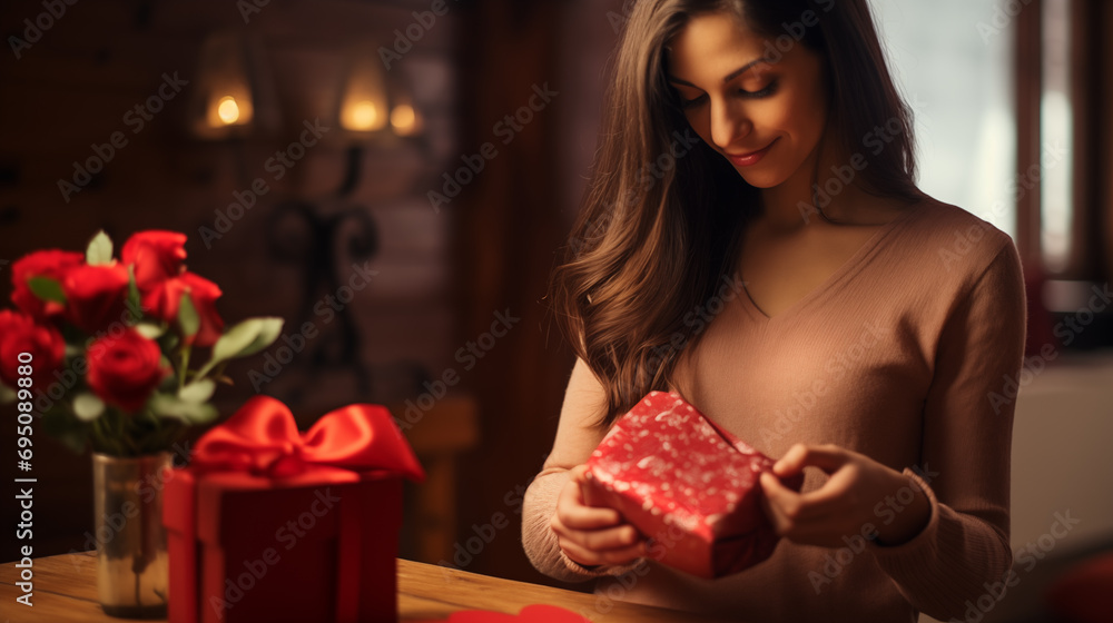 young woman unwrapping a valentine's day gift, smiling positive feeling, cozy indoor lighting, flowers and another present on the wooden table young woman unwrapping a valentine's day gift, smiling positive feeling, cozy indoor lighting, flowers and another present on the wooden table