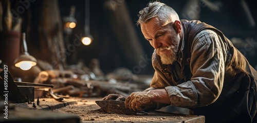 a man is down wood in his workshop photo