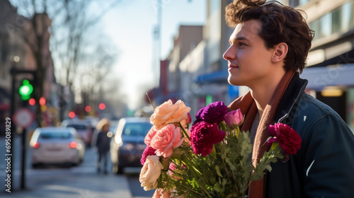 man waiting at a crosswalk with a bouquet of red, pink and purple flowers in his hands as a valentine's day gift and smiling, out of focus traffic in the background © Tan Säälik