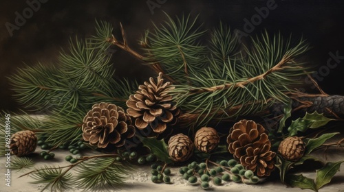  a painting of pine cones, berries, and a branch of a pine tree with cones and leaves on a snowy surface.