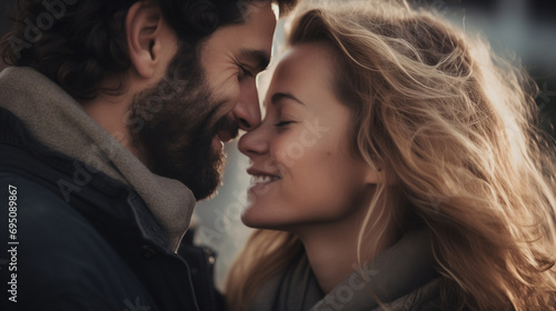 young couple embracing and hugging each other close and leaning faces towards each other enjoying the moment and almost about to kiss, both smiling