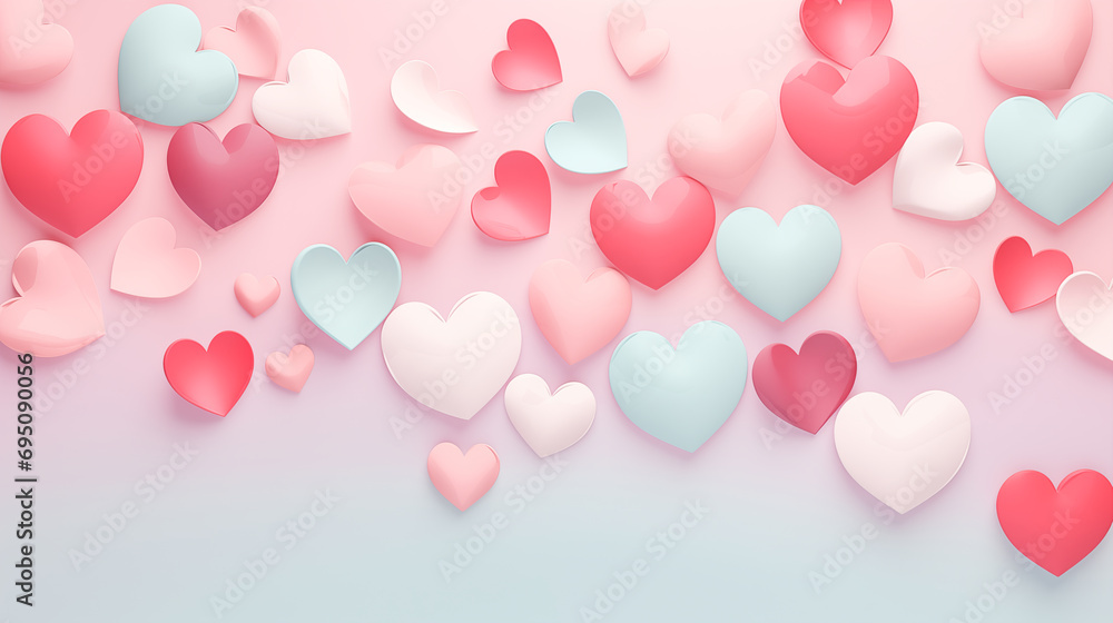 valentine's day themed pastel pink to pastel blue gradient background with 3d white, red and blue hearts and shapes