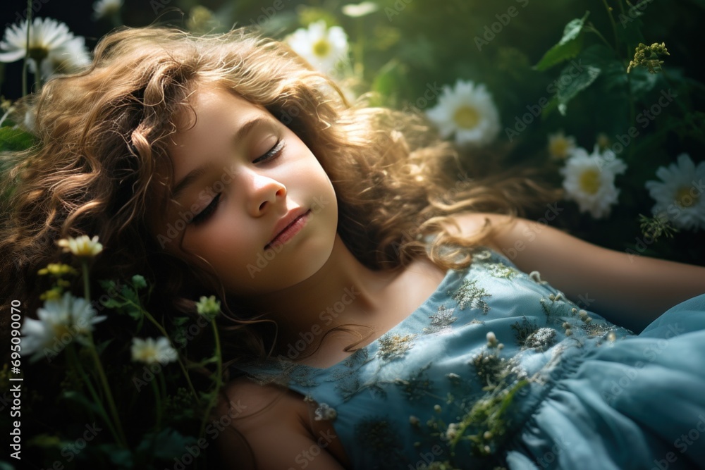 a little girl is lying down on a green grass in the grass a little girl is lying down on a green grass in the grass