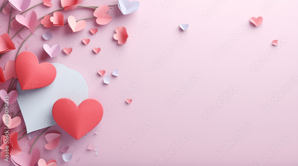 valentine's day themed pastel pink background with paper cut white and red hearts and shapes on the left