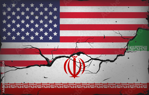 Flags of the USA and Iran against the background of a wall with cracks. Crisis and war. Political dialogue. Attack on Israel. Conflict with Palestine
