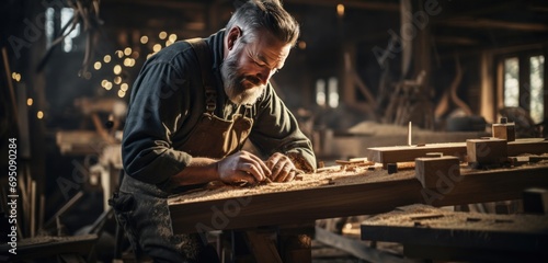 a man is working on a wooden chair at a wooden workshop photo