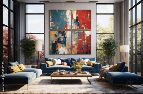 a living room is surrounded by windows and a painting