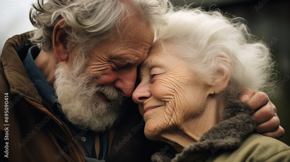 elderly couple embracing and hugging while leaning heads on each other eyes closed smiling and enjoying the moment full of love and caring elderly couple embracing and hugging while leaning heads on each other eyes closed smiling and enjoying the moment full of love and caring