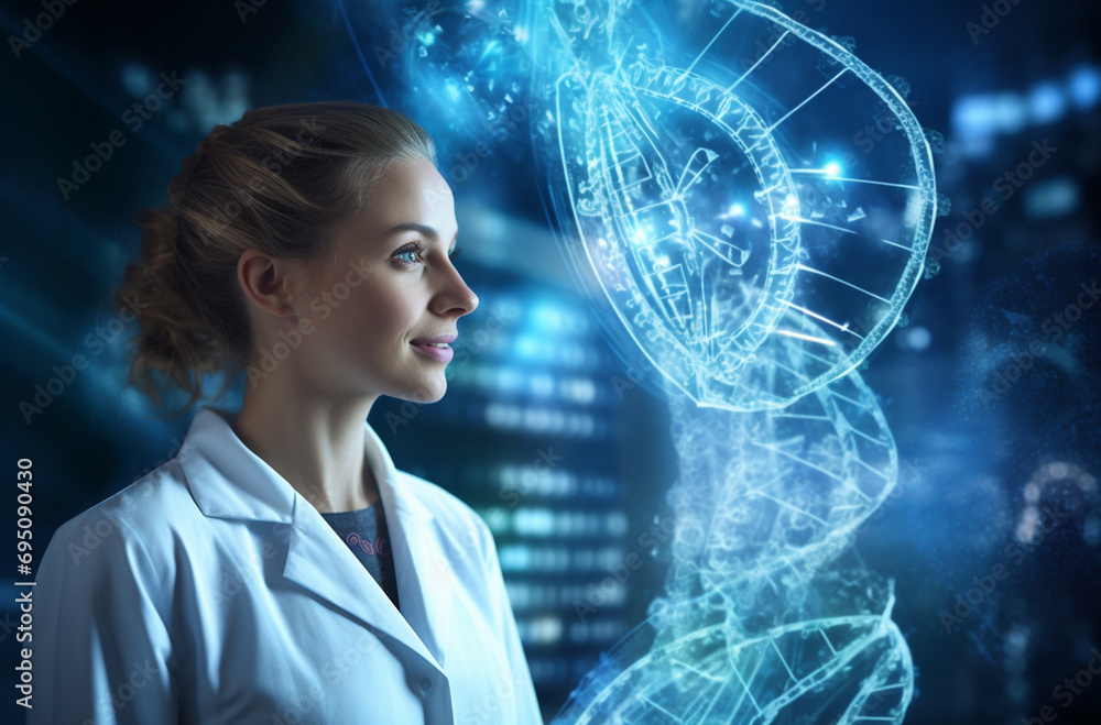 a woman expertly examines a DNA molecule, set against a compelling background, in this powerful depiction of scientific exploration. Generative AI. a woman expertly examines a DNA molecule, set against a compelling background, in this powerful depiction of scientific exploration. Generative AI.