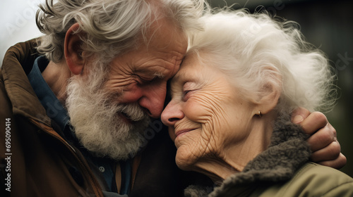 elderly couple embracing and hugging while leaning heads on each other eyes closed smiling and enjoying the moment full of love and caring