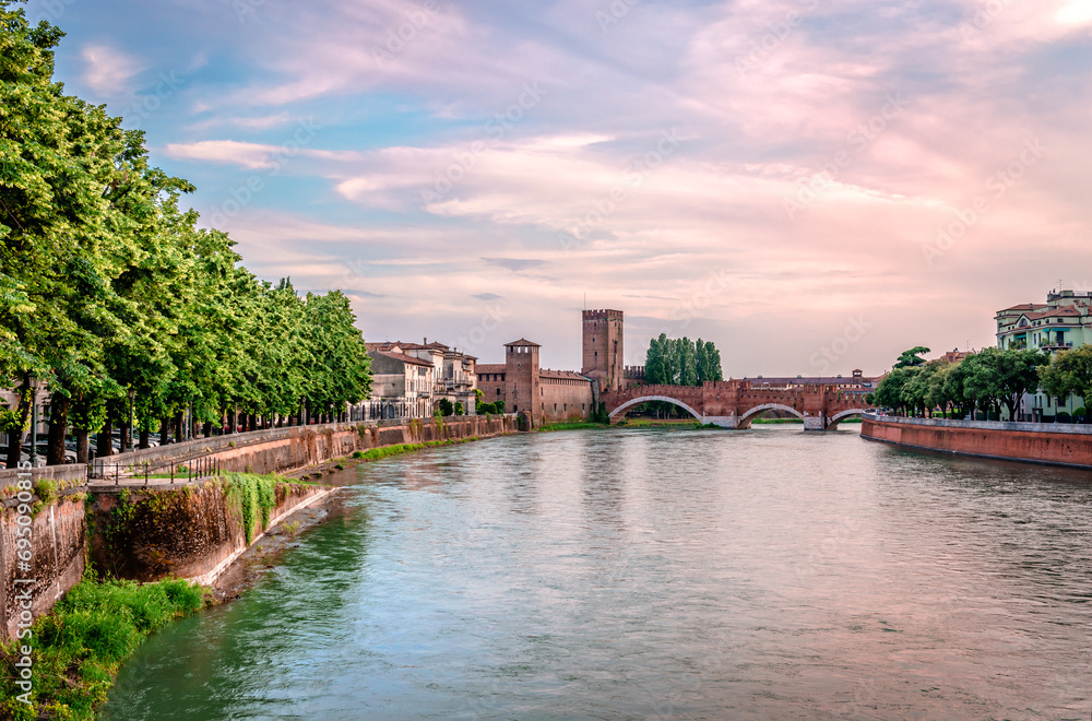 Castelvecchio and the Castelvecchio Bridge that spans the Adige river in Verona, Veneto, Italy.