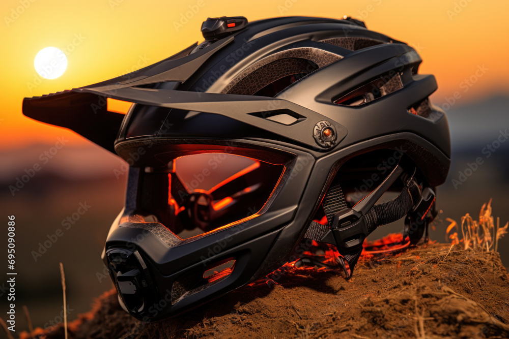 a mountain biker, wearing a helmet and sunglasses, is riding in the sunset