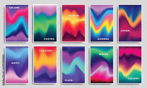 Colorful fluid and liquid gradient mesh background set. Multicolored blurred color gradation backdrop. Wavy and vibrant modern background for poster, banner, catalog, or leaflet. photo