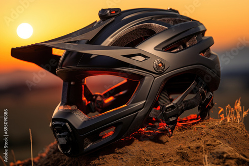 a mountain biker, wearing a helmet and sunglasses, is riding in the sunset
