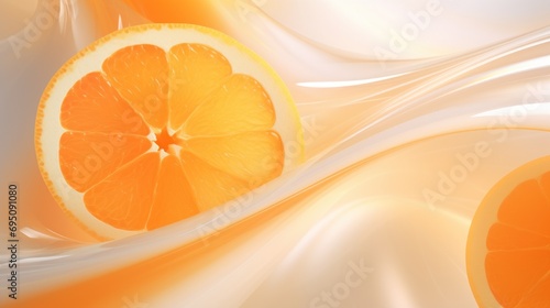  a slice of orange sitting on top of an orange slice in the middle of a wave of white and orange liquid.