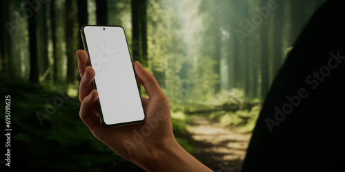 CU Man using his phone outdoors in the forest during hiking or camping trip