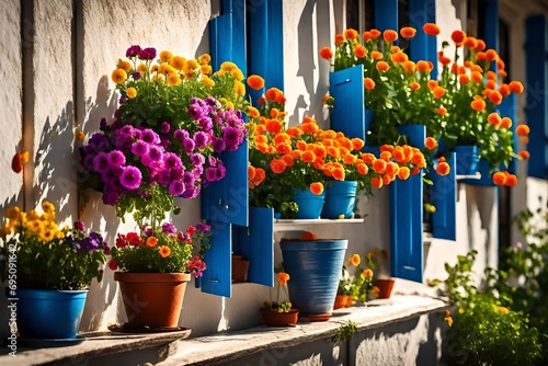 colorful flowers in pots on the street Colorful flower pots hanging over a balcony railing.Colourful flower pots and blue buildings and walls in Chefchaouen, a Moroccan village situated in northwest   © Ahsan