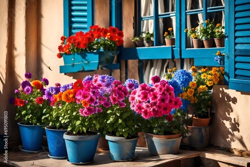 flowers in pots on the street Picturesque narrow street in Spanish city old town. Typical traditional whitewashed houses with blooming plants, flowers, cobbled street in a small cozy town in Spain photo