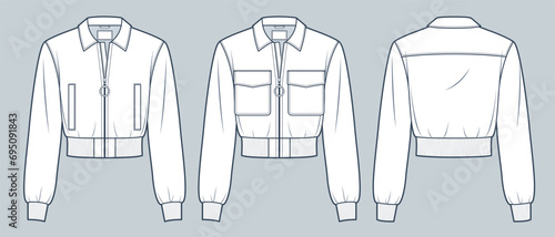 Zipped Jacket fashion flat technical drawing template. Bomber Jacket technical fashion illustration, pockets, front and back view, white, women, men, unisex CAD mockup set.