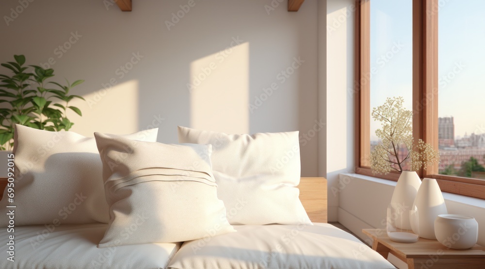 Naklejka premium a white couch next to white pillows in the corner of a room