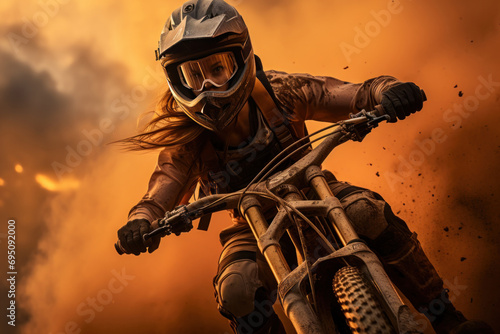 a woman biker is climbing high in the evening during sunset