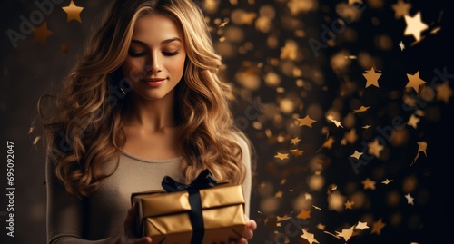 a woman holding a gift box with white stars with confetti for an elegant