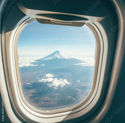 a view of a mount fuji mountain is seen through the window of an airplane