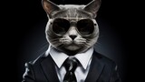 Stylist cat model wearing glasses and a tie suit. AI generated image