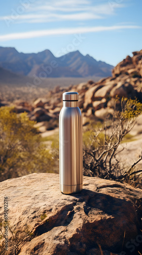 Stainless steel bottle in nature, stainless stell, botlte, reusable bottle photo