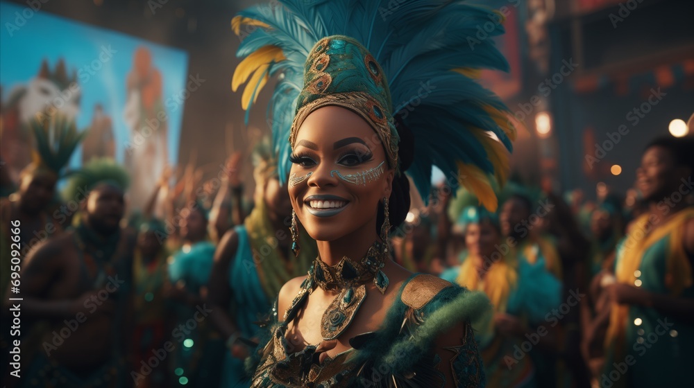 A woman in a vibrant festival costume, wearing a joyful smile.