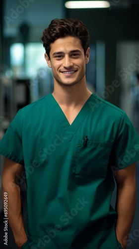 Young smiling doctor or nurse in green uniform close-up, portrait of a smiling doctor in clinic looking at camera
