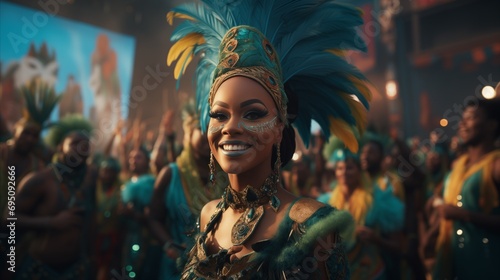 A woman in a vibrant festival costume, wearing a joyful smile.