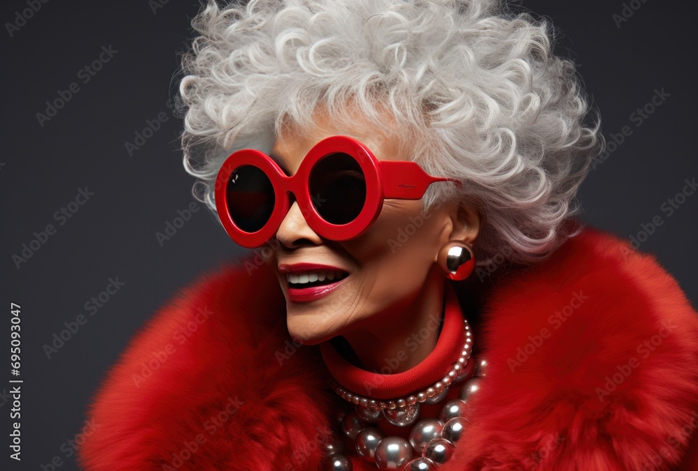 an elderly woman in red sunglasses smiling an elderly woman in red sunglasses smiling