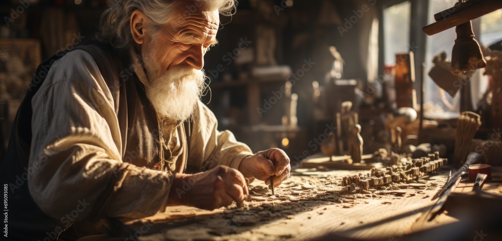 an elderly man is working on a wooden piece of furniture