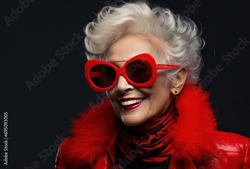 an elderly woman in red sunglasses smiling