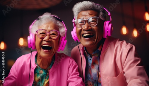 asian man and woman wearing headphones is singing © olegganko