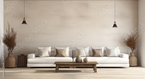 an empty living room with two couches and a white sofa