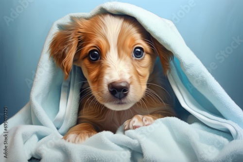 Cute dog covered with a towel after washing photo