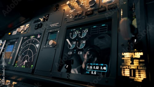 close-up of radar control and navigation panel in cockpit of airplane screens and buttons flight simulator