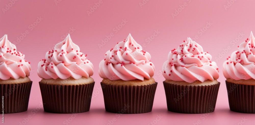 cupcakes with pink frosting are in a row on a pink background