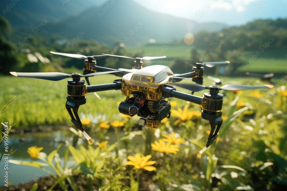 drone image flying over a rice field with a sunflower in background drone image flying over a rice field with a sunflower in background