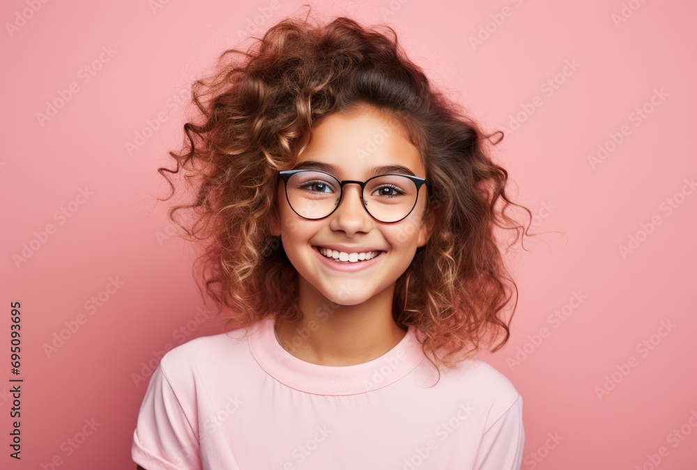 girl with glasses against pink background